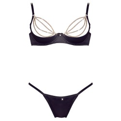 Soutien-gorge sexy demi-seins en satin avec chainette et string 