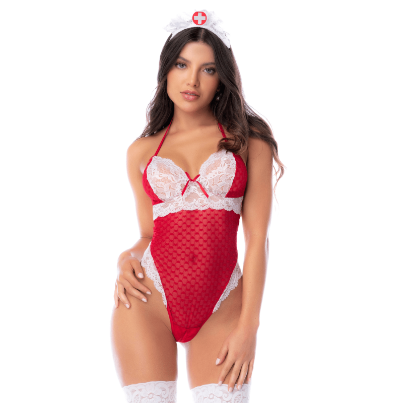 Body infirmière noir en maille et dentelle avec accessoire tête – Mapalé