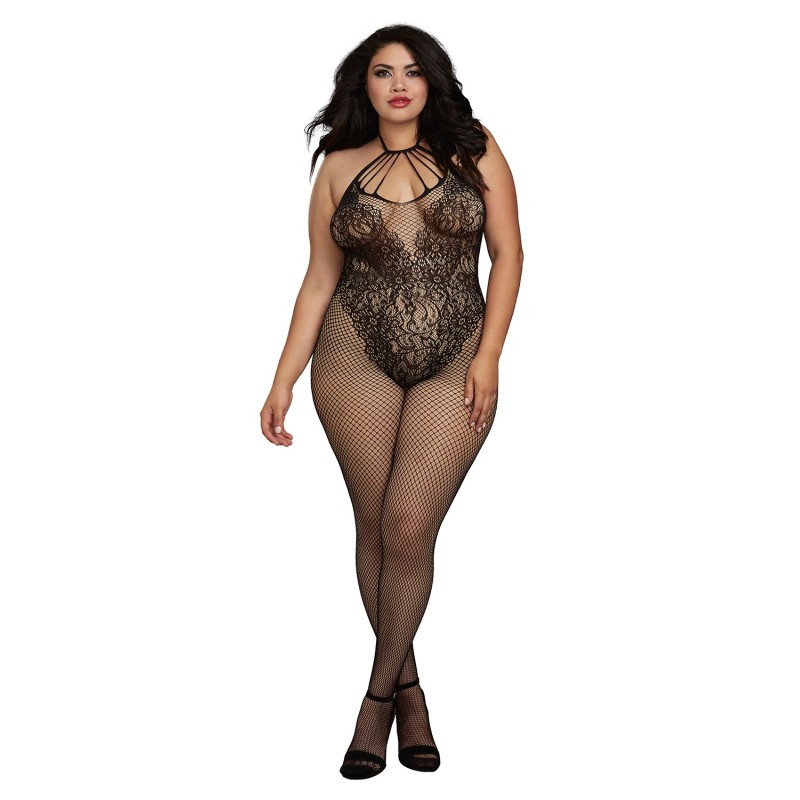 Bodystocking Grande taille résille dans un style Body avec magnifique décolleté à lanières 