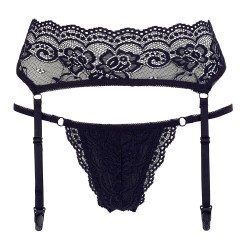 Porte-jarretelles en dentelle noire et string assorti 