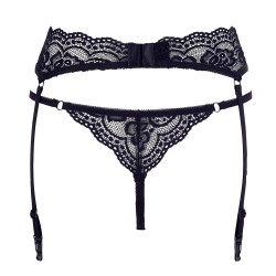Porte-jarretelles en dentelle noire et string assorti 