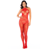 Bodystocking en résille rouge à motif cœur, orné de strass, ouvert à l’entrejambe - Mapalé