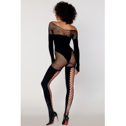 Bodystocking manches longues effet body et bas noir 