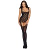 Bodystocking noir dentelle effet guêpières large décolleté et bas sexy 