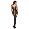 Bodystocking noir dentelle effet guêpières large décolleté et bas sexy 