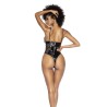 Body String en vinyle noire avec résille transparente 