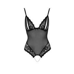 Body string en dentelle et résille noire avec perles à l'entrejambe 