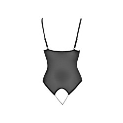 Body string en dentelle et résille noire avec perles à l'entrejambe 