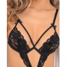 Body string noir ouvert à l'entre-jambes dentelle et ornements 