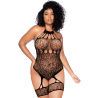 Body grande taille en résille léopard noir à tour de cou et jarretières intégrées - Mapalé