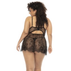 Nuisette noir Selma grande taille, en dentelle, avec armatures et string assorti inclus 