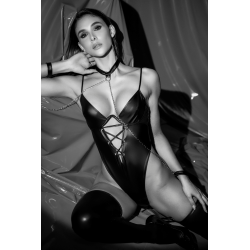 Body wetlook noir avec laçage et chaînes - Mapalé