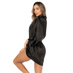 Peignoir court satiné noir avec ceinture à nouer - Mapalé