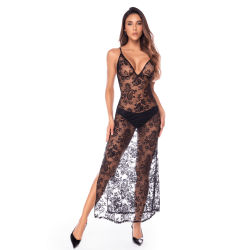 Nuisette transparente noire en dentelle avec décolleté plongeant et fentes latérales - Mapalé
