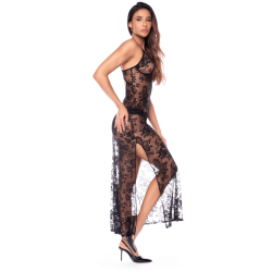 Nuisette transparente noire en dentelle avec décolleté plongeant et fentes latérales - Mapalé