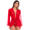 Peignoir transparent rouge en résille plumetis et dentelle avec string - Mapalé