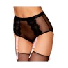 Culotte en résille et dentelle noire avec jarretelles roses 