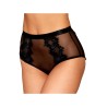 Culotte en résille et dentelle noire avec jarretelles roses 