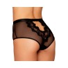 Culotte en résille et dentelle noire avec jarretelles roses 