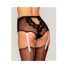 Culotte en résille et dentelle noire avec jarretelles roses 