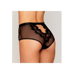 Culotte en résille et dentelle noire avec jarretelles roses 