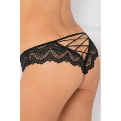 Tanga noir dentelle ajouré sur les fesses ornements croisés 