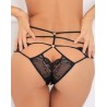 Tanga noir ouvert à l'entre-jambes ornements croisés et dentelle 
