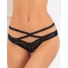 Tanga ouvert noir en dentelle avec ornements croisés avant arrière 