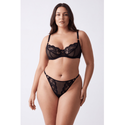 Tanga noir en dentelle avec bijou losanges dorés