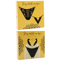 Tanga noir en dentelle avec bijou losanges dorés