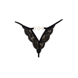 Tanga noir en dentelle avec bijou losanges dorés