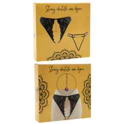 String gris avec bijou couleur aléatoire et chaîne dorée