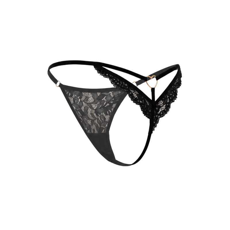 String noir en dentelle avec bijou cœur doré