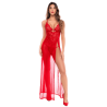 Robe longue transparente rouge en dentelle et résille avec string - Mapalé