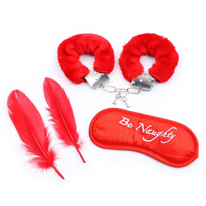 Kit coquin 4 pièces : Menottes, 2 plumes et masque rouge 