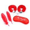 Kit coquin 4 pièces : Menottes, 2 plumes et masque rouge 