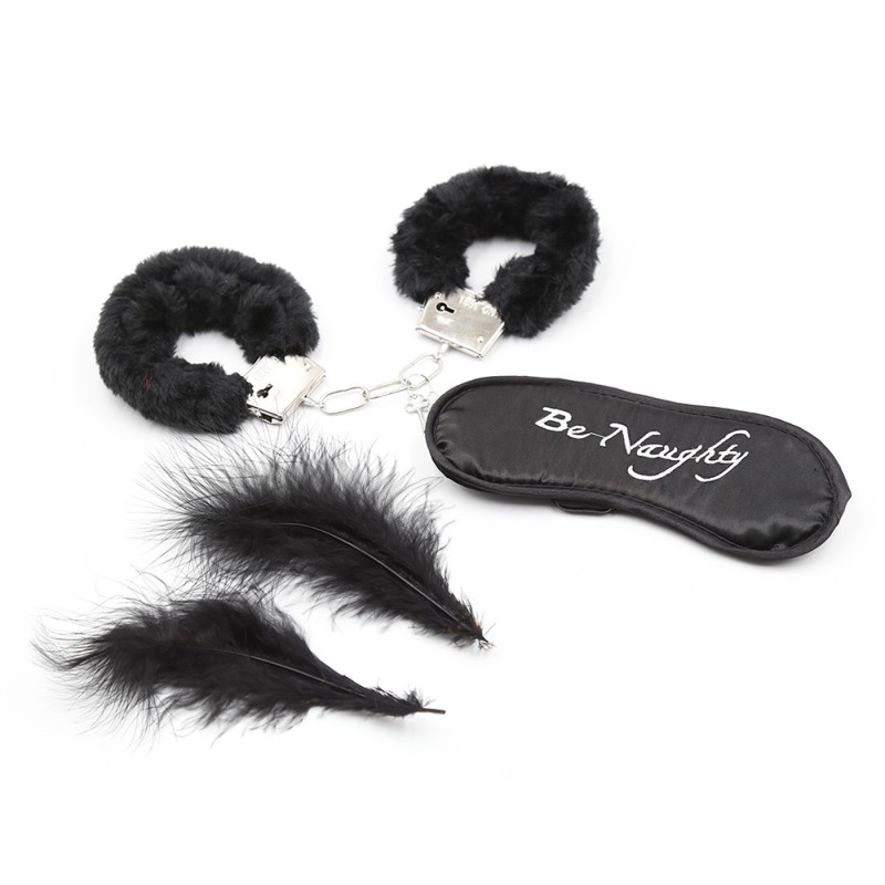 Kit coquin 4 pièces : Menottes, 1 plume et masque