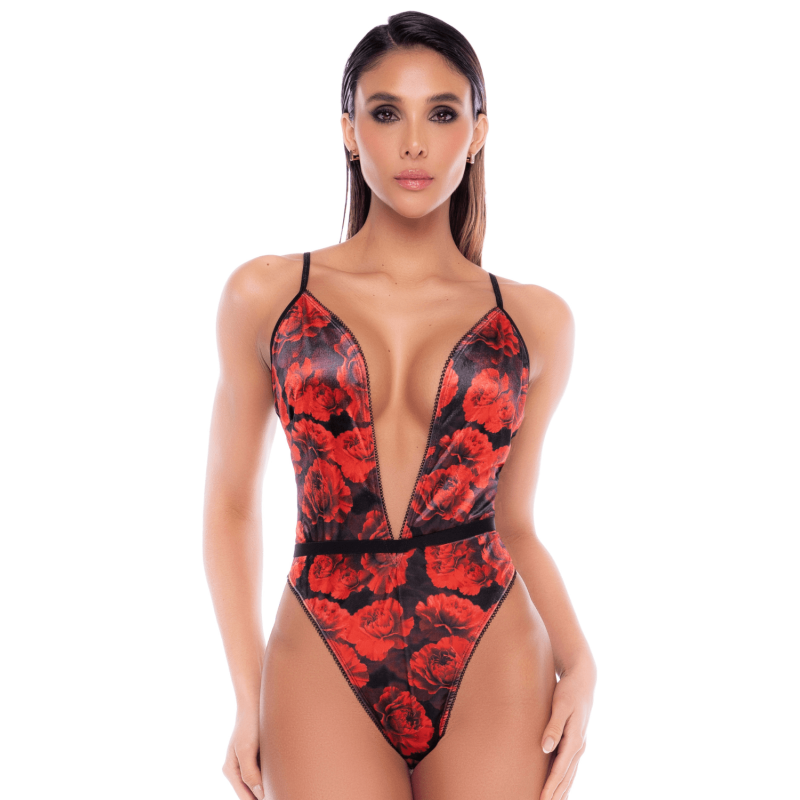 Body noir et rouge en résille transparente avec imprimé et décolleté plongeant - Mapalé