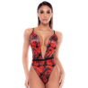 Body noir et rouge en résille transparente avec imprimé et décolleté plongeant - Mapalé