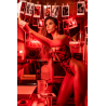 Body noir et rouge en résille transparente avec imprimé et décolleté plongeant - Mapalé