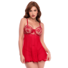 Nuisette transparente rouge rubis avec bonnets brodés à armatures et string - Mapalé