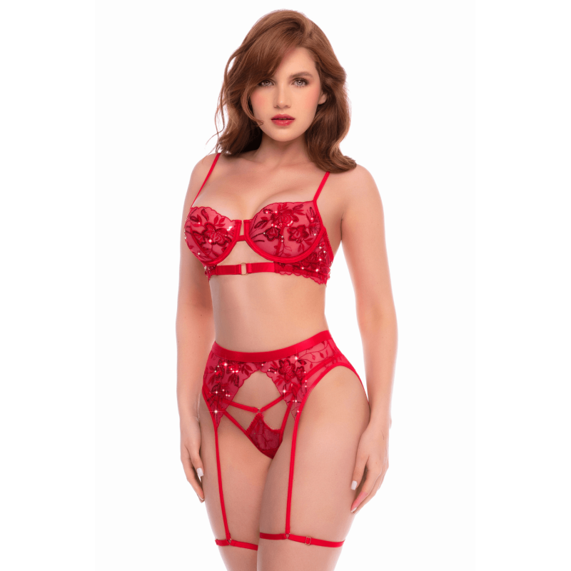 Ensemble 3 pièces rouge écarlate avec soutien-gorge brodé de sequins, porte-jarretelles et string - Mapalé