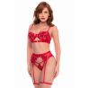 Ensemble 3 pièces rouge écarlate avec soutien-gorge brodé de sequins, porte-jarretelles et string - Mapalé