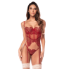 Ensemble 2 pièces avec bustier en dentelle brodée bois de rose, jarretelles et string - Mapalé