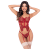 Ensemble 2 pièces avec bustier en dentelle brodée bois de rose, jarretelles et string - Mapalé