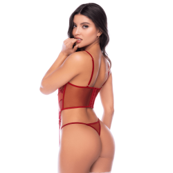Ensemble 2 pièces avec bustier en dentelle brodée bois de rose, jarretelles et string - Mapalé