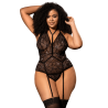 Body grande taille noir en dentelle florale avec harnais amovible - Mapalé