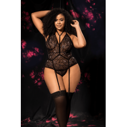 Body grande taille noir en dentelle florale avec harnais amovible - Mapalé