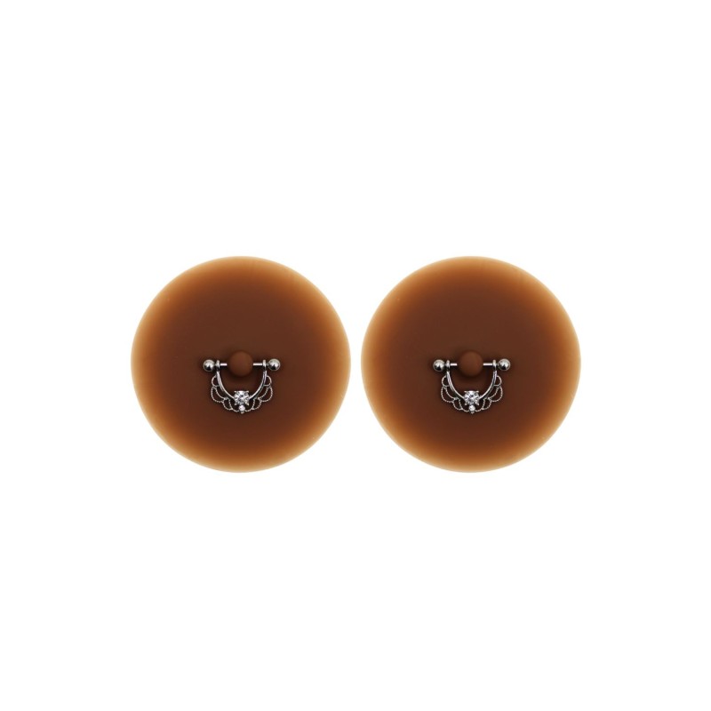 Paire de cache-tétons piercing barre demi-anneau faux diamant peau foncée 