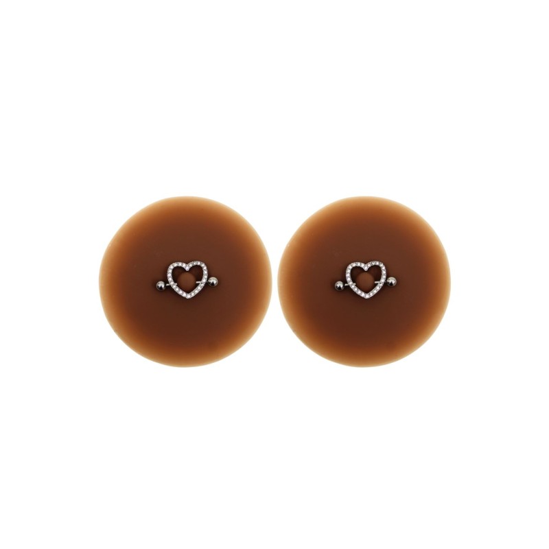 Paire de cache-tétons piercing barre coeur faux diamant peau foncée 